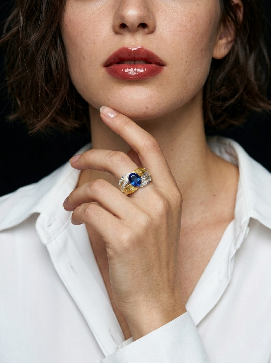 Royal Azure Leaf Textured Two-Tone Sapphire Ring